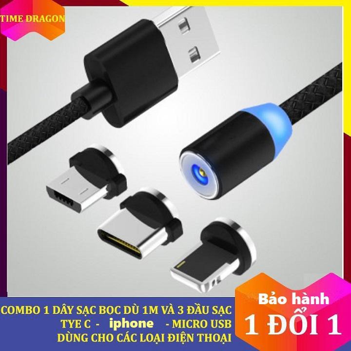 Cáp sạc từ hút nam châm đầu Android và iPhone 360 độ dây dù
