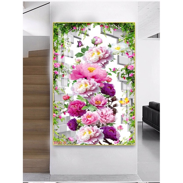 Tranh hoa đào sẵn treo chất liệu tráng gương cao cấp 50x75cm