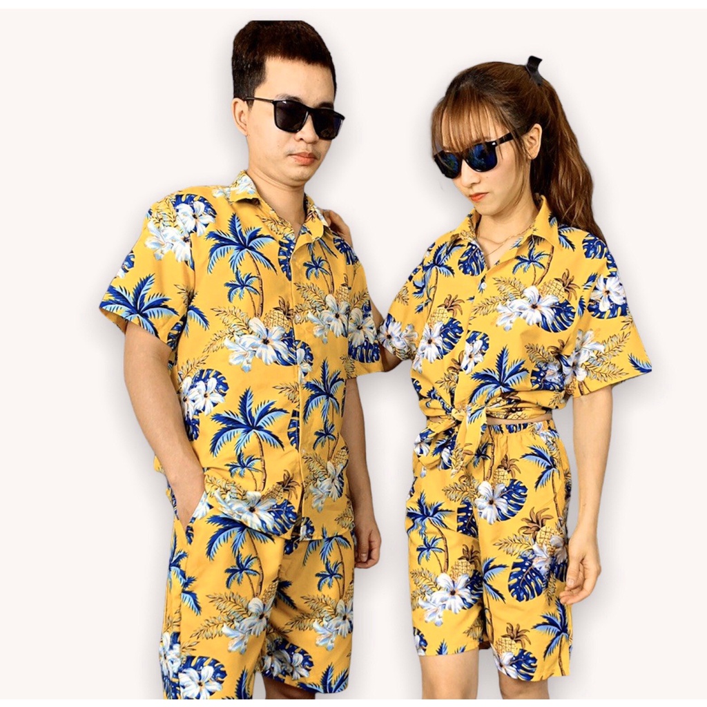 Bộ sơ mi hoa lá mặc đồng phục nhóm đi biển, team building, chụp ảnh kỷ yếu đủ size nam nữ vải Kate Thái Bin Sport QB006