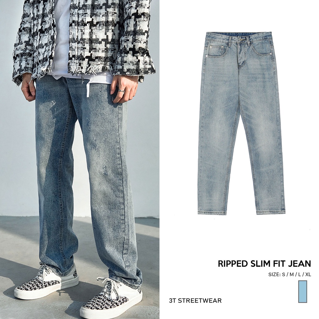Quần Jean Slim Fit Xanh Rách Nhỏ | Casual Slim Fit Jeans