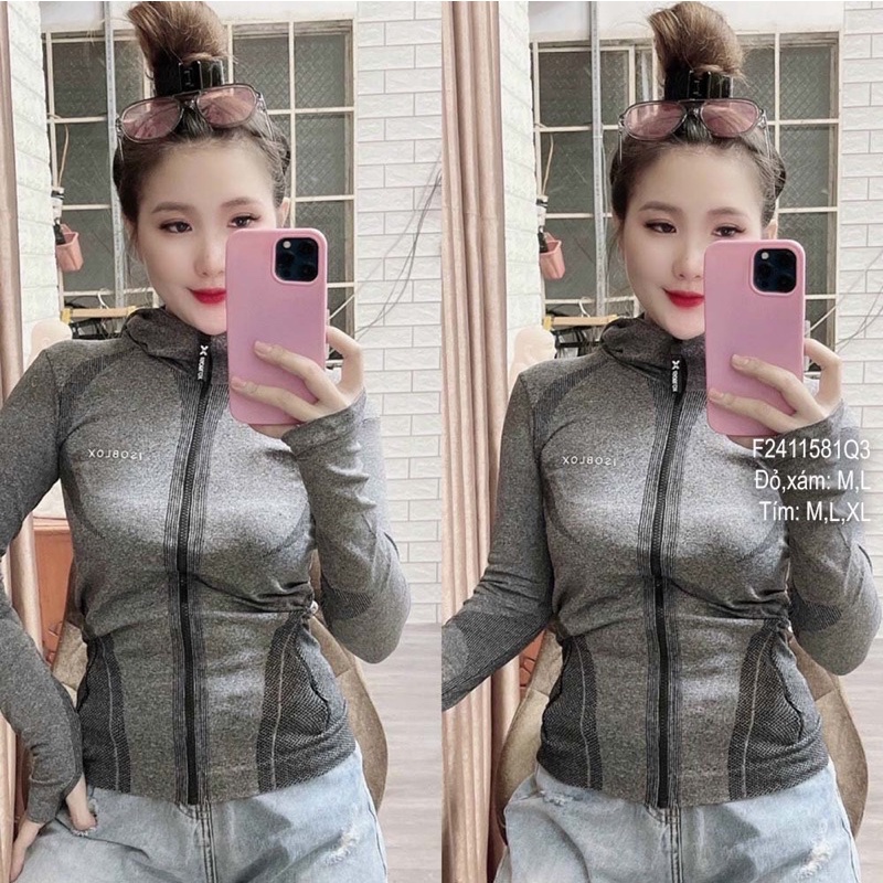 Áo khoác đốm tập Gym Isoblox có nón kéo khóa tay dài xỏ ngón!