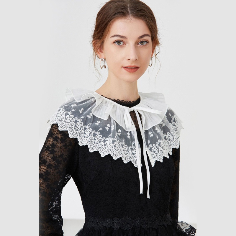 Khăn Choàng Voan Phối Lưới Xuyên Thấu Thiết Kế Nhún Bèo Thêu Họa Tiết Hoa Xinh Xắn Dành Cho Nữ