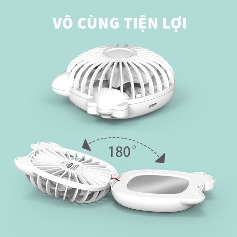 Quạt Cầm Tay Mini Tích Điện Kèm Gương Soi Du Lịch Tiện Lợi Siêu Đẹp Tặng kèm dây cable sạc pin sạc USB di động tiện lợi