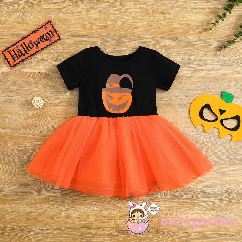 Đầm Tutu Phối Lưới Tay Ngắn In Họa Tiết Bí Ngô Phong Cách Halloween Cho Bé Gái 0-24 Tháng Tuổi