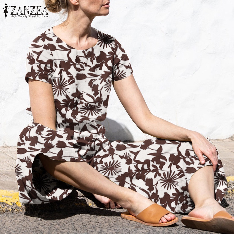 Áo liền quần ZANZEA in họa tiết có túi gài nút sau lưng phong cách Châu Âu cho nữ