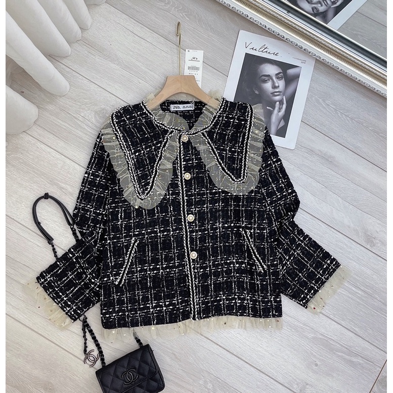ÁO KHOÁC DẠ CARO TWEED PHỐI BÈO CÚC NGỌC SIÊU XINH XẮN / ÁO DẠ TWEED BÈO ĐEN | BigBuy360 - bigbuy360.vn