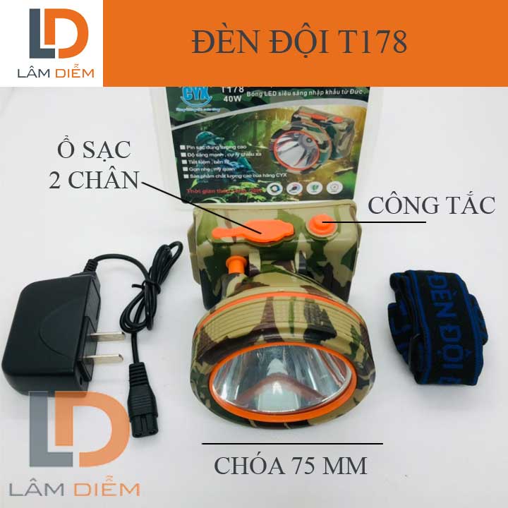 Đèn pin đội đầu pin sạc siêu sáng dung lượng pin lâu t178