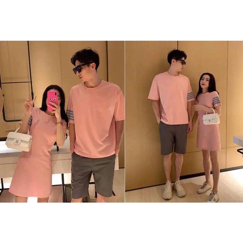 Áo váy thun đôi hồng suông tay váy mix 3 sọc dễ thương Forever Couple Store