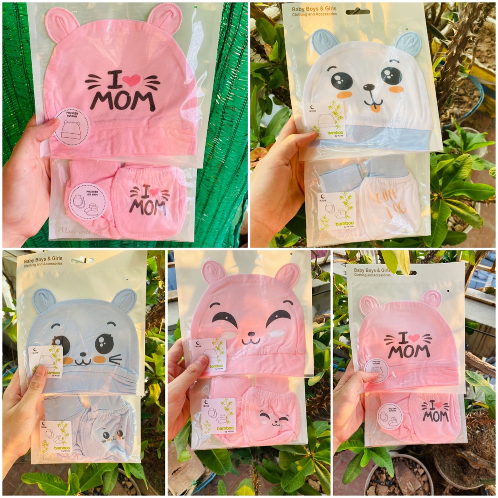 Bao tay chân và mũ Moon họa tiết chất cotton cao cấp cho bé
