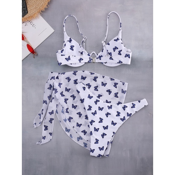 [BKN1166] &lt;ÂU&gt; SET BIKINI 3 MÓN TRẮNG HỒ ĐIỆP KÈM KHĂN HÔNG (CÓ GỌNG)