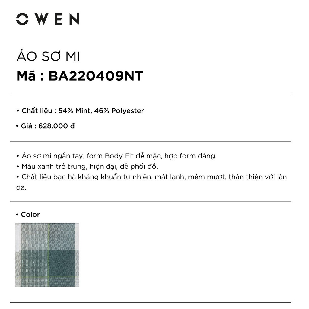 Áo Sơ Mi Nam Ngắn Tay OWEN BA220409NT Somi Công Sở Cao Cấp Màu Xanh Bạc Hà Kẻ Ô Vải Bạc Hà Dáng Suông Tà Bằng Có Túi