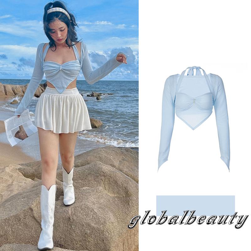 Gb Áo Croptop Không Tay Cổ Khoét Sâu Cột Dây Đính Ngọc Trai Giả Màu Xanh Dương Viền Tam Giác Trang Trí Cho Nữ