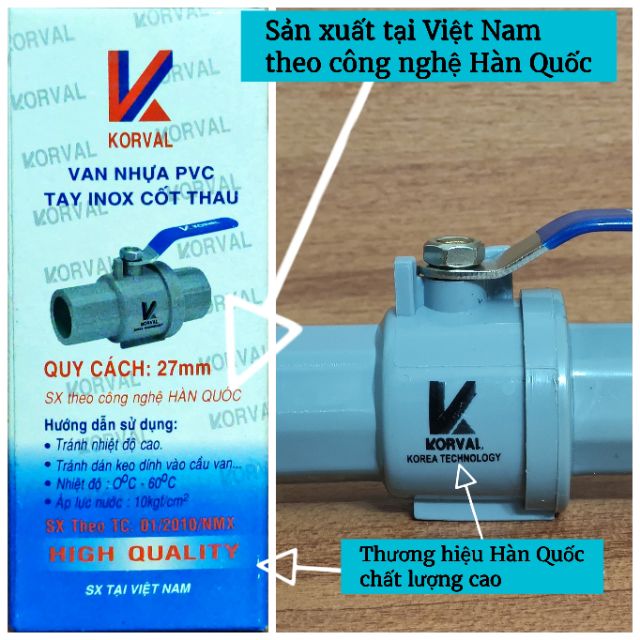 Van bi nhựa 27mm (∅27) KORVAL tay cầm inox cốt thau - Sản xuất theo công nghệ Hàn Quốc