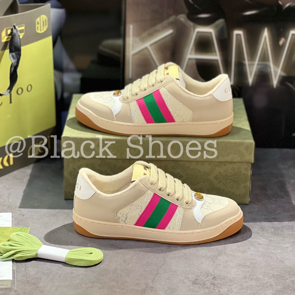Giày Thể Thao Gucci Screener Leather Sneakers Phối Màu Hồng Xanh Lá GG Beige Pink Green Cao Cấp White Lamé'2C830-9150