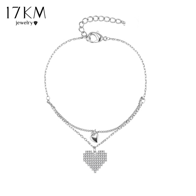 Vòng tay 17KM 2 lớp mặt hình trái tim đính đá pha lê đơn giản cho nữ