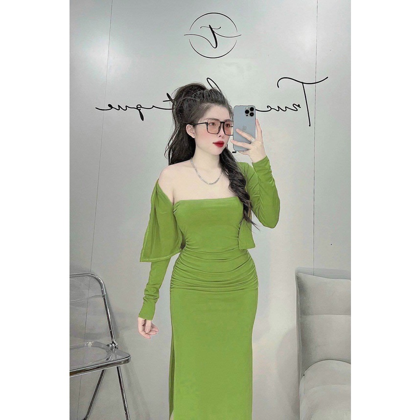 Sét đầm ống cúp ngực ôm body xẻ tà kèm áo khoác trơn cực xinh , chất thun gân dày dặn