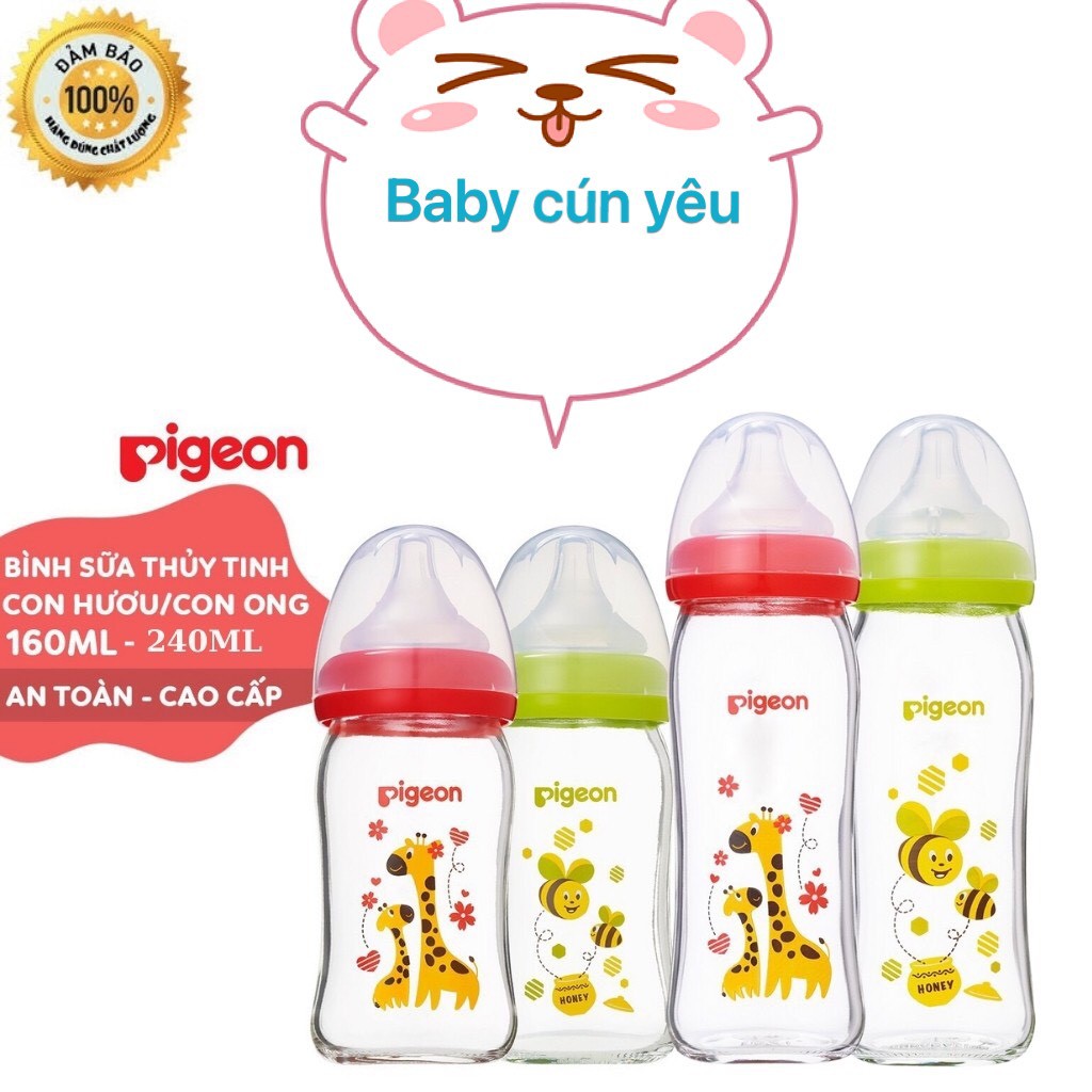 [CHÍNH HÃNG]Bình sữa thủy tinh cổ rộng Pigeon Plus 160ml/240ml