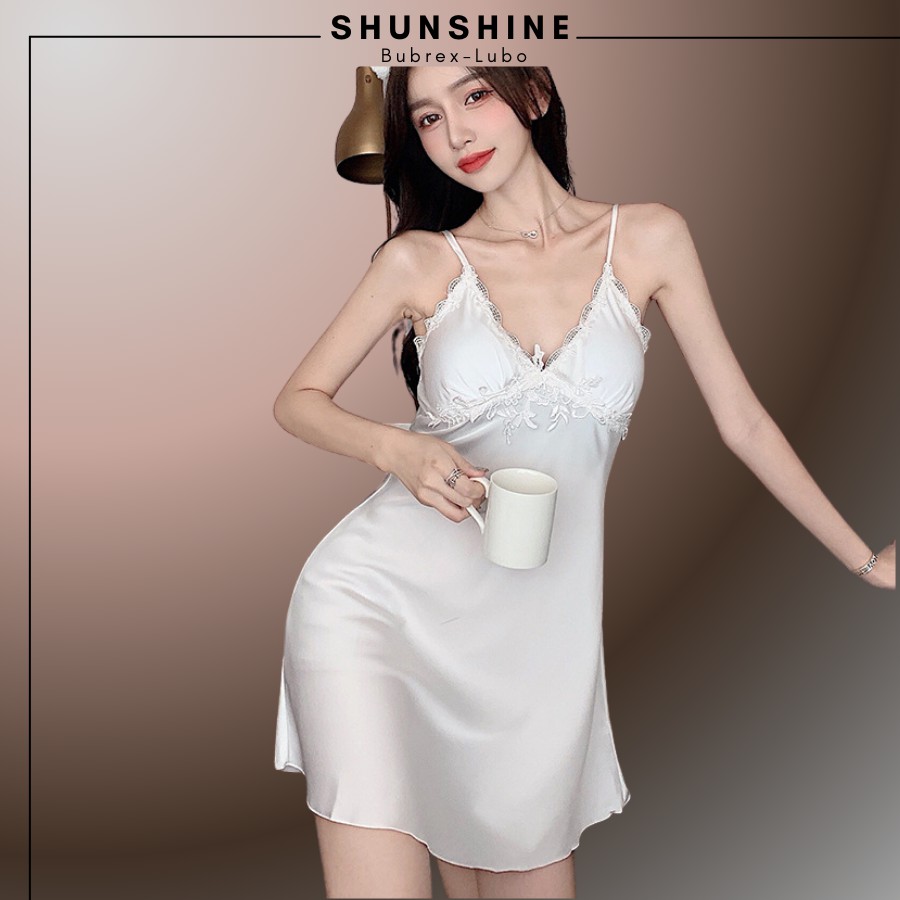 Váy Ngủ Lụa Sexy 2 Dây  Satin Phối Ren Quyến Rũ Gợi Cảm Màu Trắng - SUNSHINE LUBREXLUBO -VL165