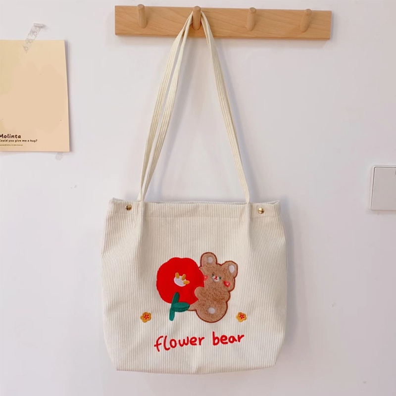 Túi Tote Đeo Vai Vải Nhung Kẻ Sọc In Hình Thỏ / Gấu Sức Chứa Lớn Cho Nữ