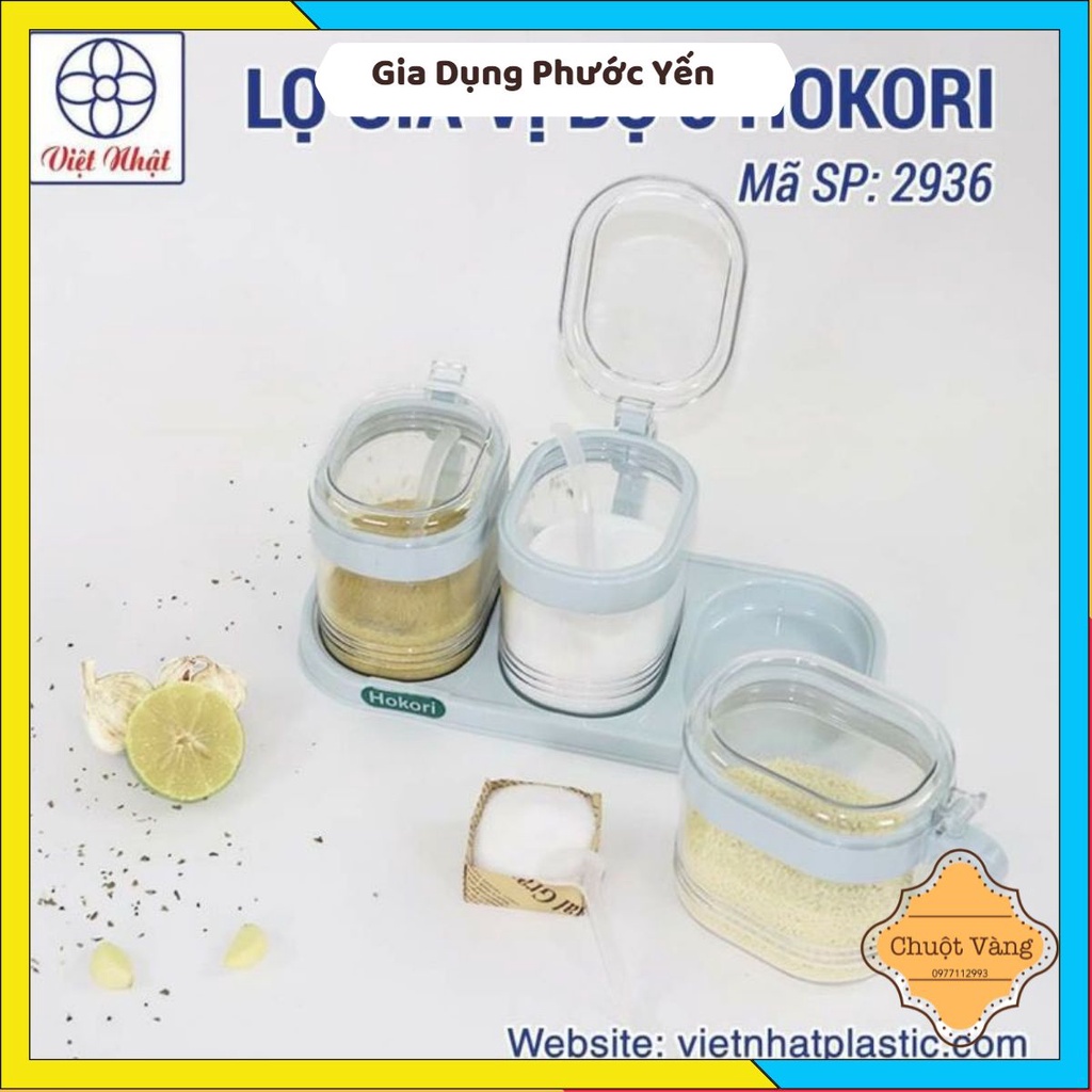 Set 3 hũ đựng gia vị HOKORI nhựa trong suốt kèm muỗng dung tích 700ml