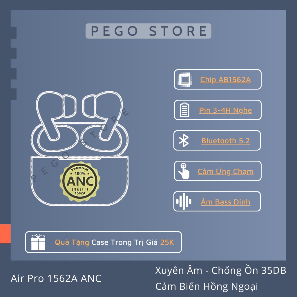 Tai Nghe Bluetooth TWS Pro 1562A Xuyên Âm - Chống Ồn Chủ Động - Âm Thanh Vòm | Pego Store