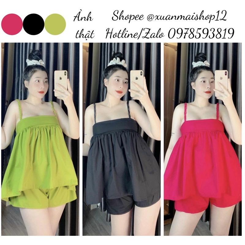 [FREESHIP] Set đồ nữ babydoll 2 món gồm áo kiểu 2 dây thắt tít form xoè dễ thương + quần ngắn có 3 màu hot hit
