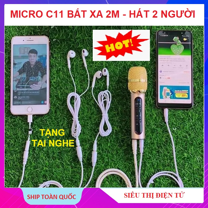 Micro C11 Bản Nâng Cấp, Tặng Tai Nghe Hát 2 Người, Mic Thu Âm Bắt Xa 2m - Hát Live Stream Karaoke Online