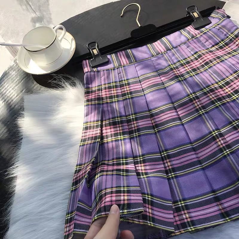 Chân váy ngắn dáng chữ A xếp ly kẻ sọc caro lưng cao phong cách mới thời trang xuân thu cho nữ 2021