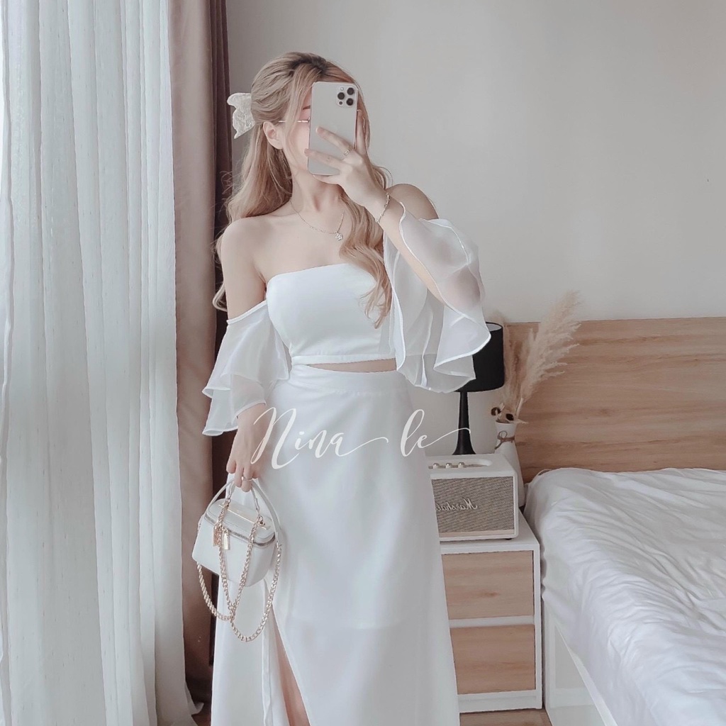 Sét Váy Nữ Thời Trang Mặc Đi Chơi, Sét Váy Umi Phối Voan Hoa Áo Trễ Vai Tay Bèo Ôm Ngực Mix Chân Váy Xẻ Trước Phong Cách