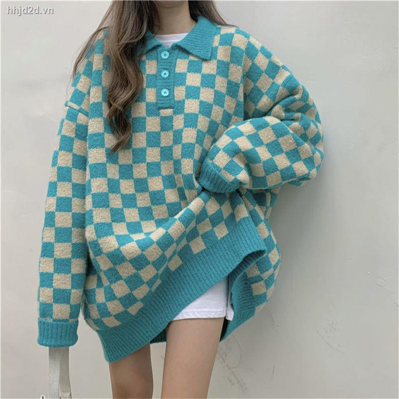 Áo sweater dệt kim cổ POLO dáng rộng in họa tiết kẻ ô phong cách retro Hong Kong thời trang thu đông Hàn Quốc 7 ngày cho nữ | BigBuy360 - bigbuy360.vn