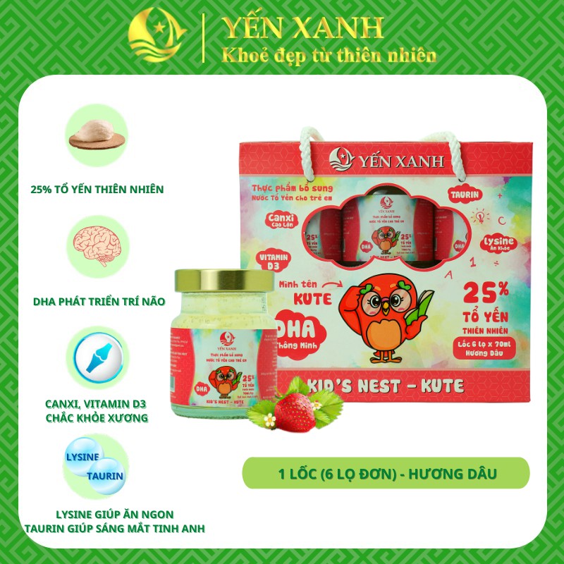 Nước tổ yến sào chưng dành cho trẻ em Kid's Nest Kute hương dâu 25% yến – YẾN XANH - Lốc 6 lọ x 70ml