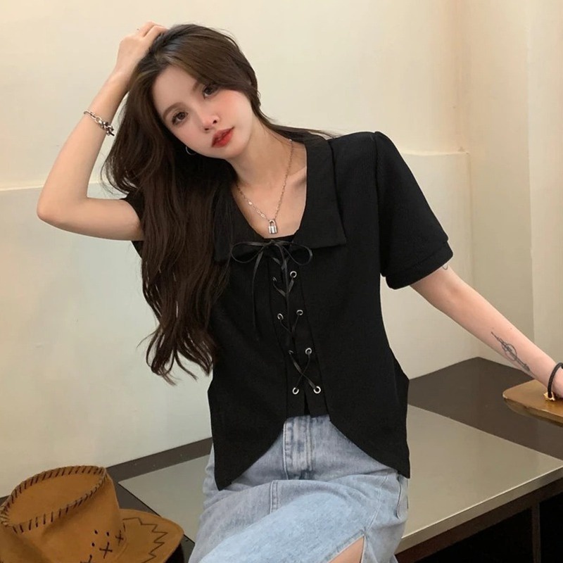 Áo Sơ Mi Tay Ngắn Phồng Phối Cà Vạt Phong Cách Retro Dành Cho Nữ