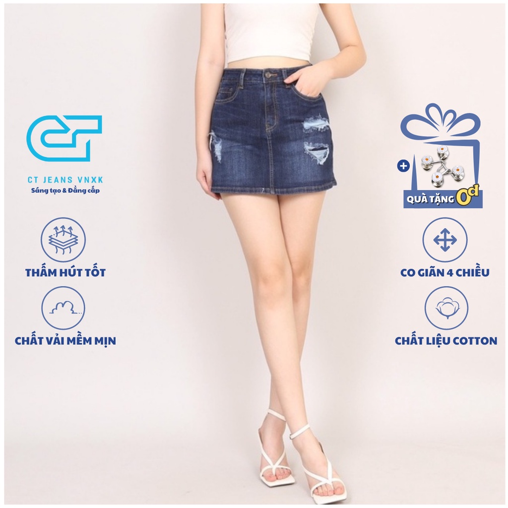 Chân váy jean chữ A rách nhiều gấu thường co giãn bên trong có quần CT JEANS