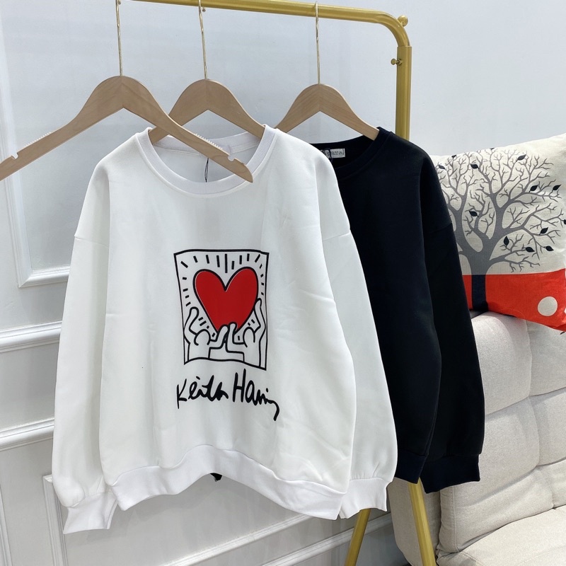 Áo sweater nỉ tim cổ tròn dài tay áo nỉ tàu không mũ