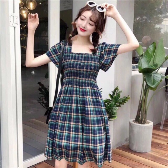 - 🔥Đầm caro nhún thun dây chéo 3 màu🌟Kèm ảnh thật