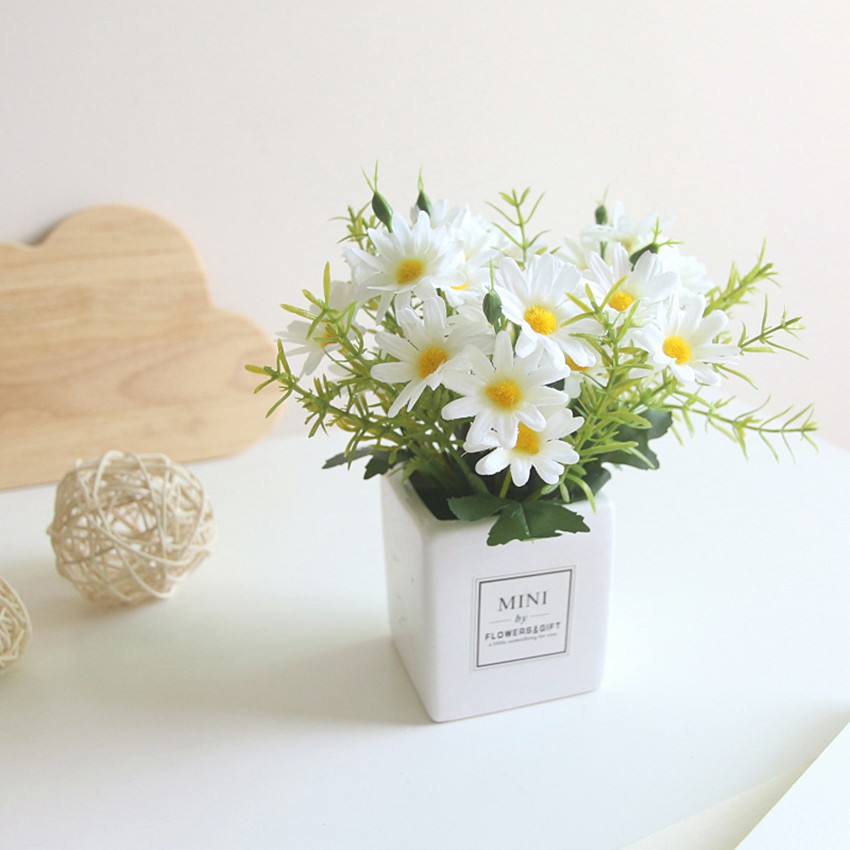 Hoa giả trang trí để bàn, hoa cúc lụa, chậu bằng sứ MINI BY FLOWER - HF005 (nhiều màu lựa chọn)