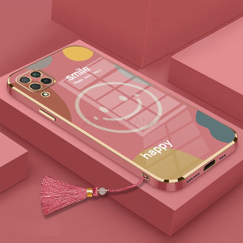 Ốp Điện Thoại Silicon TPU Mạ Điện In Hình Mặt Cười Kèm Dây Đeo Tua Rua Cho Samsung a12