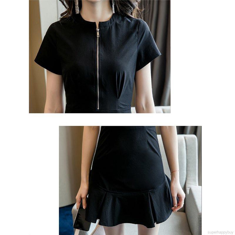 Đầm tay ngắn lưng cao phối khoá kéo màu trơn thanh lịch