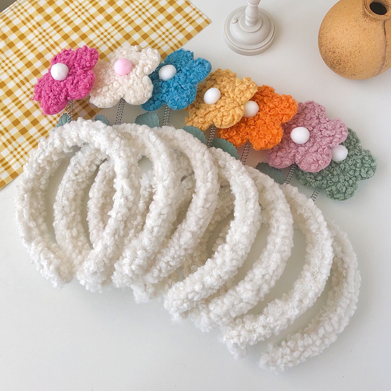 Băng Đô Cài Tóc Rửa Mặt Bằng Vải Lông Cừu Đính Hoa Nhỏ Dễ Thương Phong Cách Hàn Quốc Cho Nữ