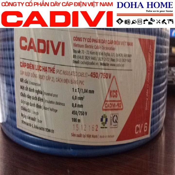 DÂY ĐIỆN ĐƠN CADIVI 6.0 - 100 MÉT