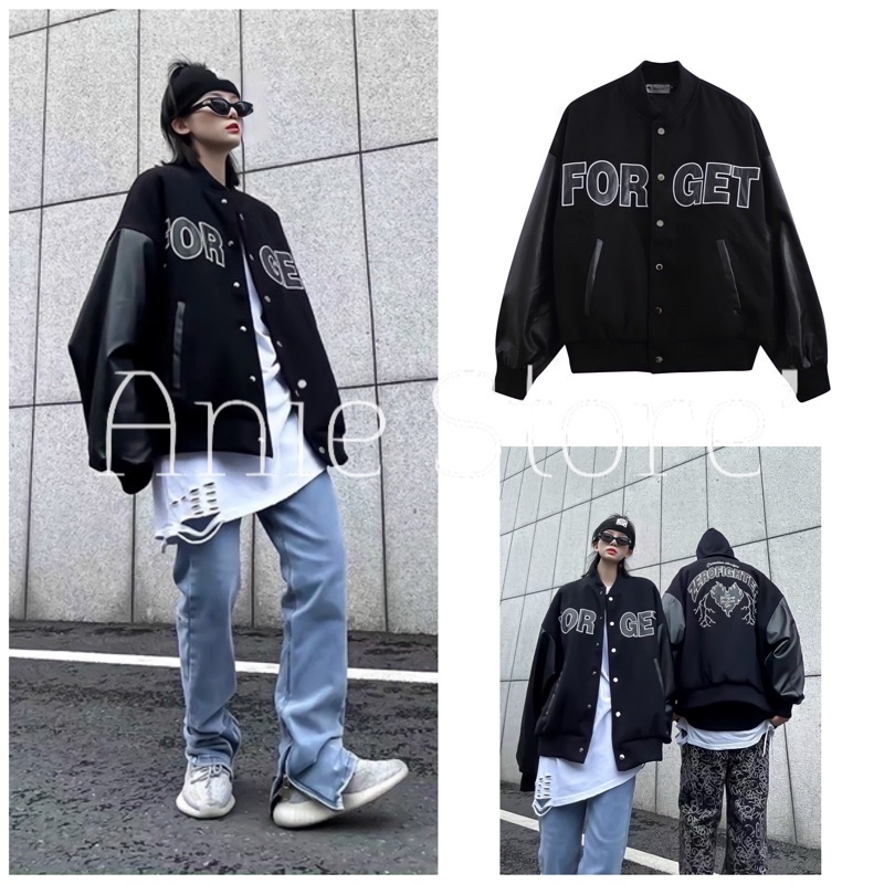 Áo Bomber Phối Tay Da FORGET Dáng Unisex 🦋 Áo Khoác Bóng Chày Nam Nữ Dáng Rộng 🦋
