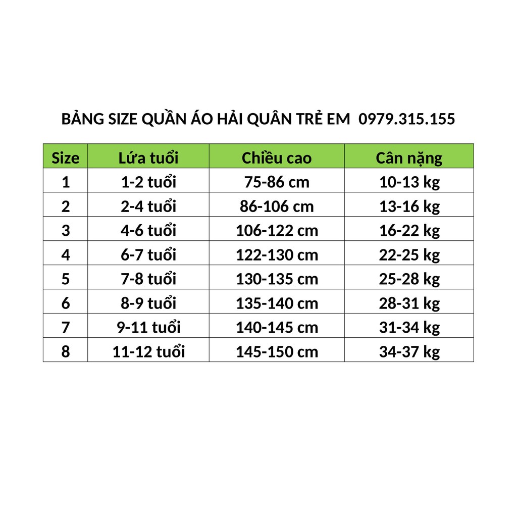 Bộ quần áo hải quân trẻ em kèm nón 1-12 tuổi (Quần)