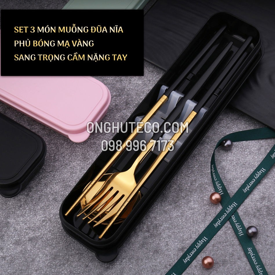 Set 3 Món Muỗng Đũa Nĩa Cơm Trưa Phủ Bóng Mạ Vàng Sang Trọng