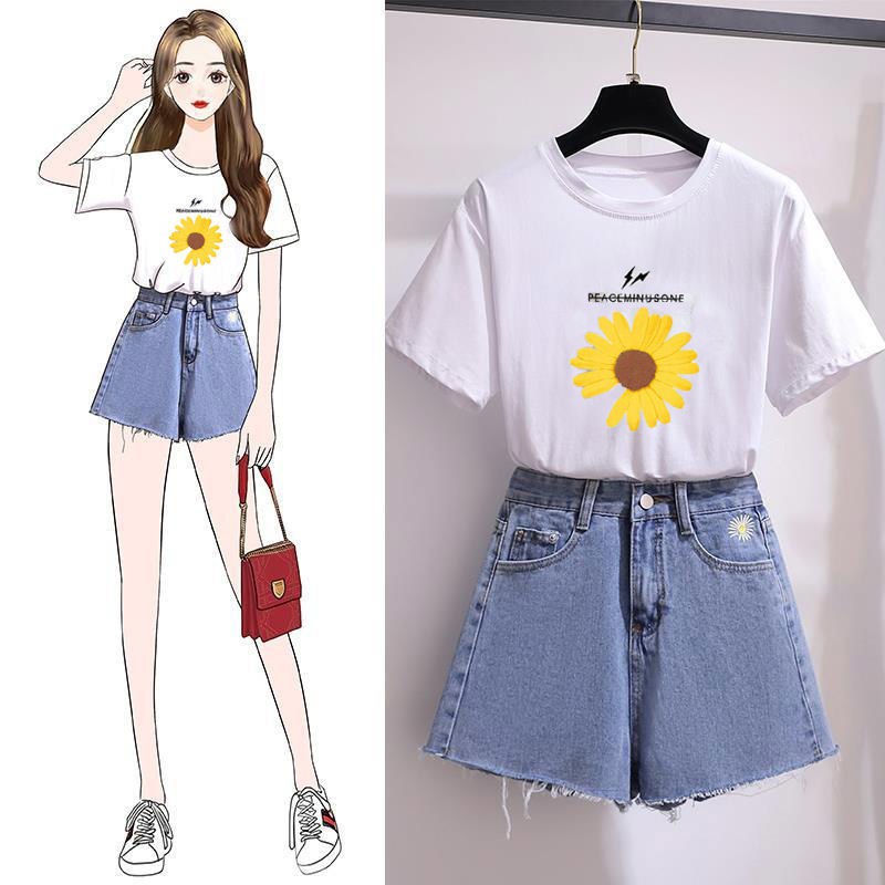 Set Áo Thun Ngắn Tay + Quần Short Jeans Lưng Cao Thời Trang Hàn Cho Nữ
