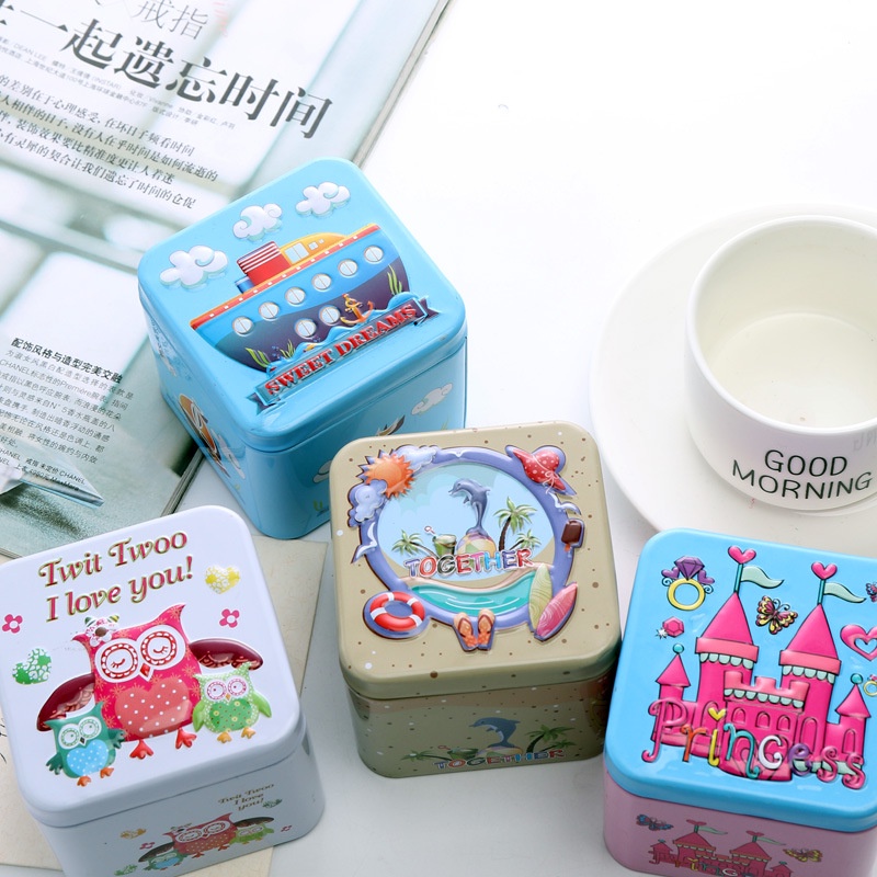 Hộp Thiếc Vuông Dập Nổi Họa Tiết Hoạt Hình Đựng Trang Sức Cho Bé