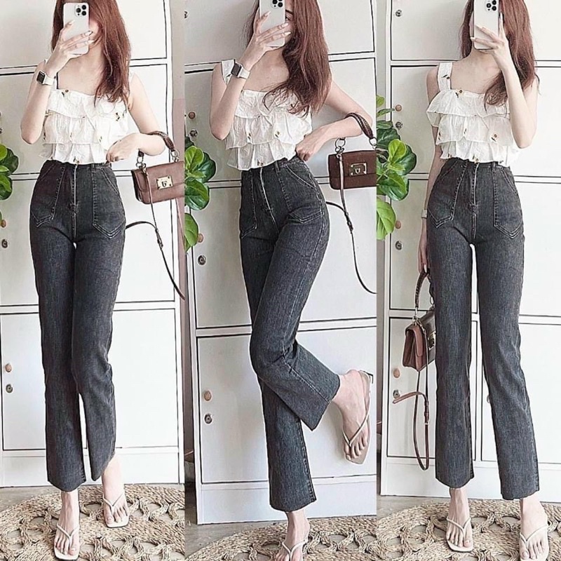 Quần jeans basic ống đứng lưng cao túi đắp xám chất giãn đẹp