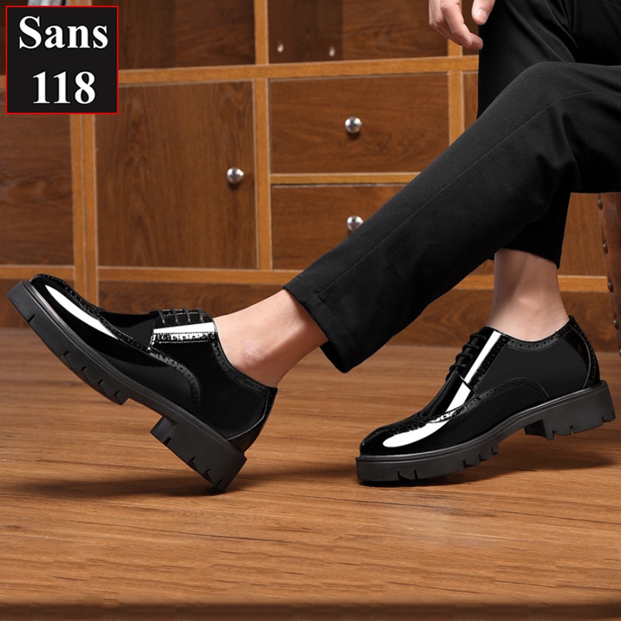 Giày tây nam tăng chiều cao 10cm Sans118 giầy da bóng đế độn nâng gót chú rể mặc vest âu công sở size nhỏ bé 37