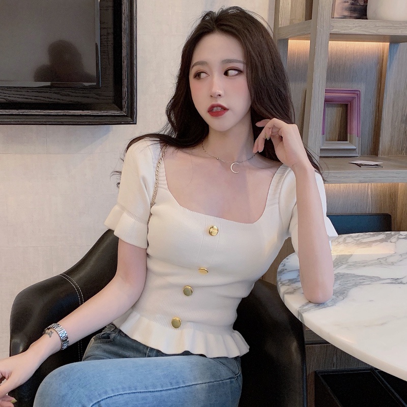 Áo Croptop Dệt Kim Cổ Vuông Tay Ngắn Có 4 Màu Thời Trang Cho Nữ