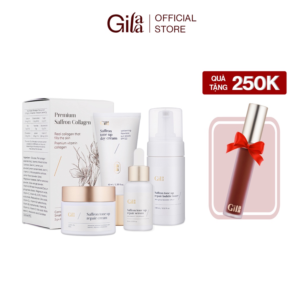 Bộ 5 sản phẩm Dưỡng Trắng Gilaa Saffron gồm Toner + Serum + Repair Cream + Day cream + Collagen Saffron