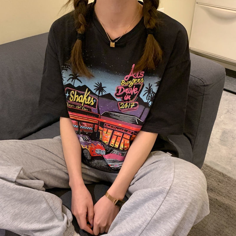 Áo thun COZOK cotton tay ngắn dáng rộng phong cách Harajuku Hàn Quốc dễ phối đồ